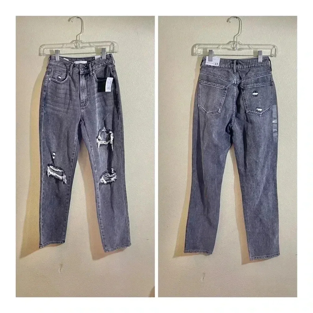 Pacsun Size 23 (27.5” Ins) Mom Jeans High Rise Distressed Street Black Gray NEW